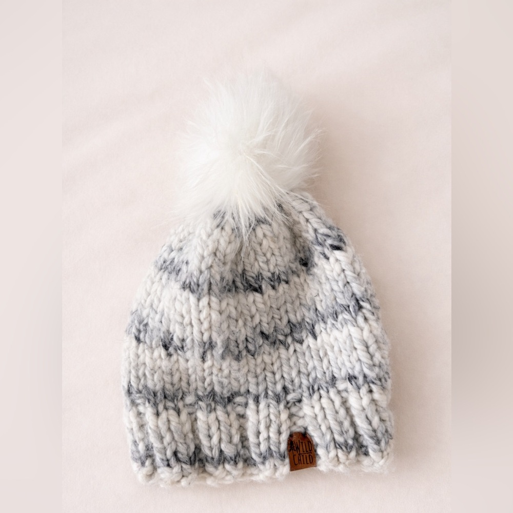 West Coast Wild Child Knit Toddler Beanie - White & Gray Pom Hat - Wool hat
